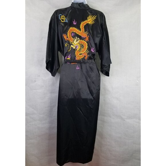 Lucky Kimono Bath Robe M Hand Embroidered Chinese Dragon Black Satin Tie Pockets - Picture 7 of 16